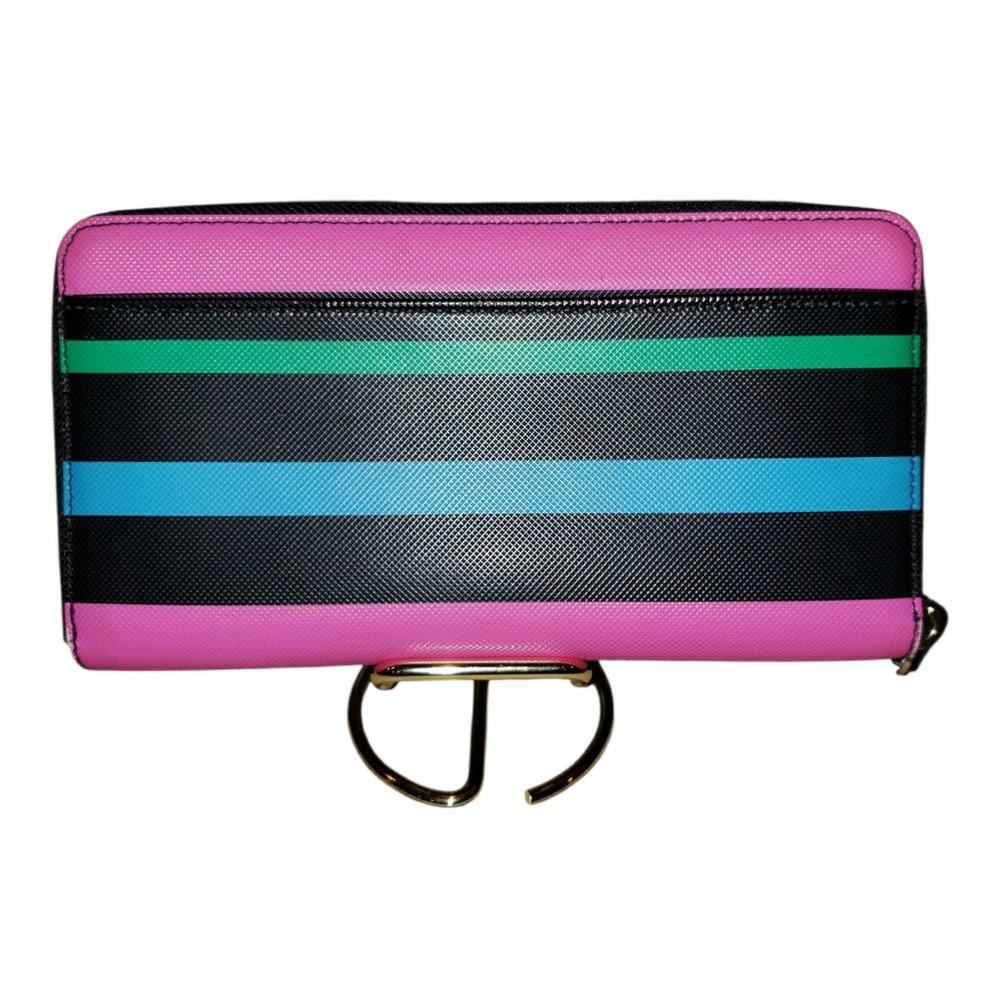 Kate Spade Black Pink Green White Harding Street Striped Zip-Around Wallet EUC - Picture 3 of 8